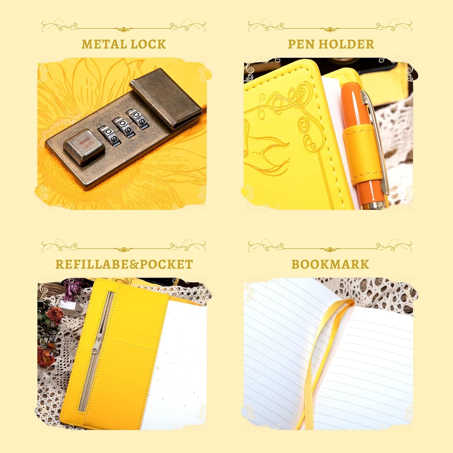 Lock Diary for Women Vintage Lock Journal Refillable Personal Locking Diary Girls Leather Locked Journal Writing Notebook B6 Secret Journal with Combination Passwords 5.5 x 7.8 in, Sunflower Yellow