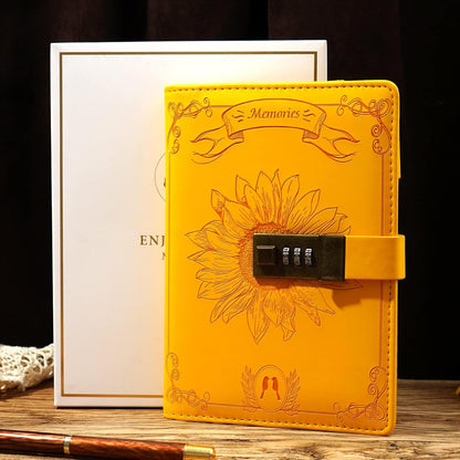 Lock Diary for Women Vintage Lock Journal Refillable Personal Locking Diary Girls Leather Locked Journal Writing Notebook B6 Secret Journal with Combination Passwords 5.5 x 7.8 in, Sunflower Yellow