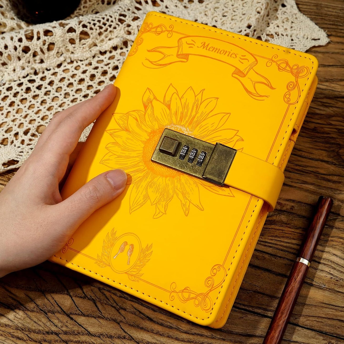 Lock Diary for Women Vintage Lock Journal Refillable Personal Locking Diary Girls Leather Locked Journal Writing Notebook B6 Secret Journal with Combination Passwords 5.5 x 7.8 in, Sunflower Yellow