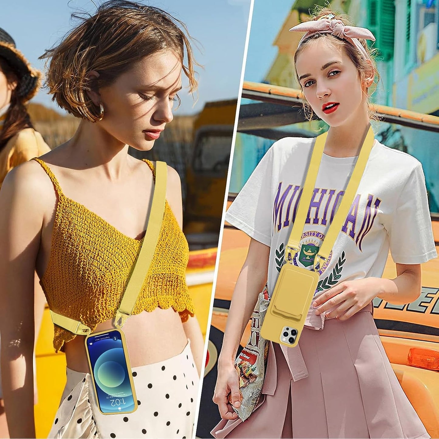 Case for iPhone 14 Pro Max with Crossbody Lanyard Strap Adjustable Cover with Card Holder Shockproof Drop Protection Silicone Phone Case for iPhone 14 Pro Max 6.7"-Yellow