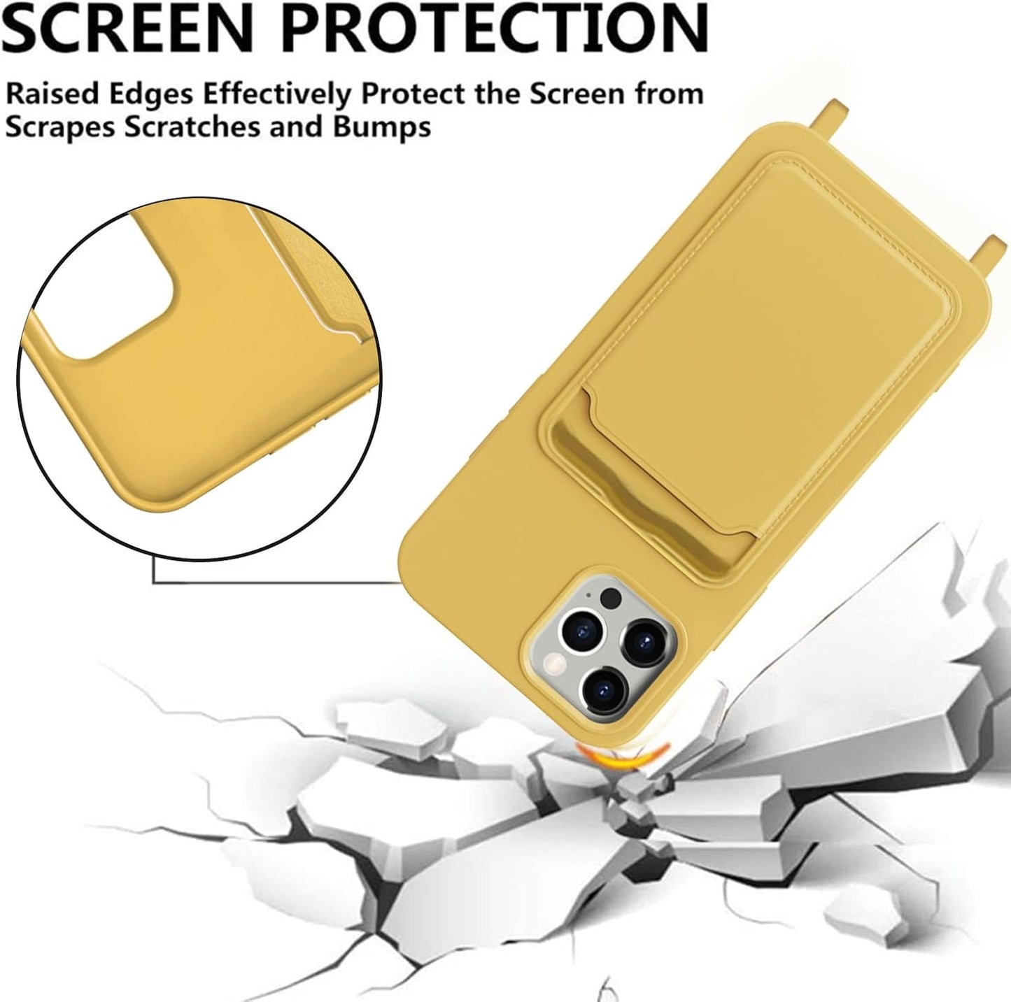 Case for iPhone 14 Pro Max with Crossbody Lanyard Strap Adjustable Cover with Card Holder Shockproof Drop Protection Silicone Phone Case for iPhone 14 Pro Max 6.7"-Yellow