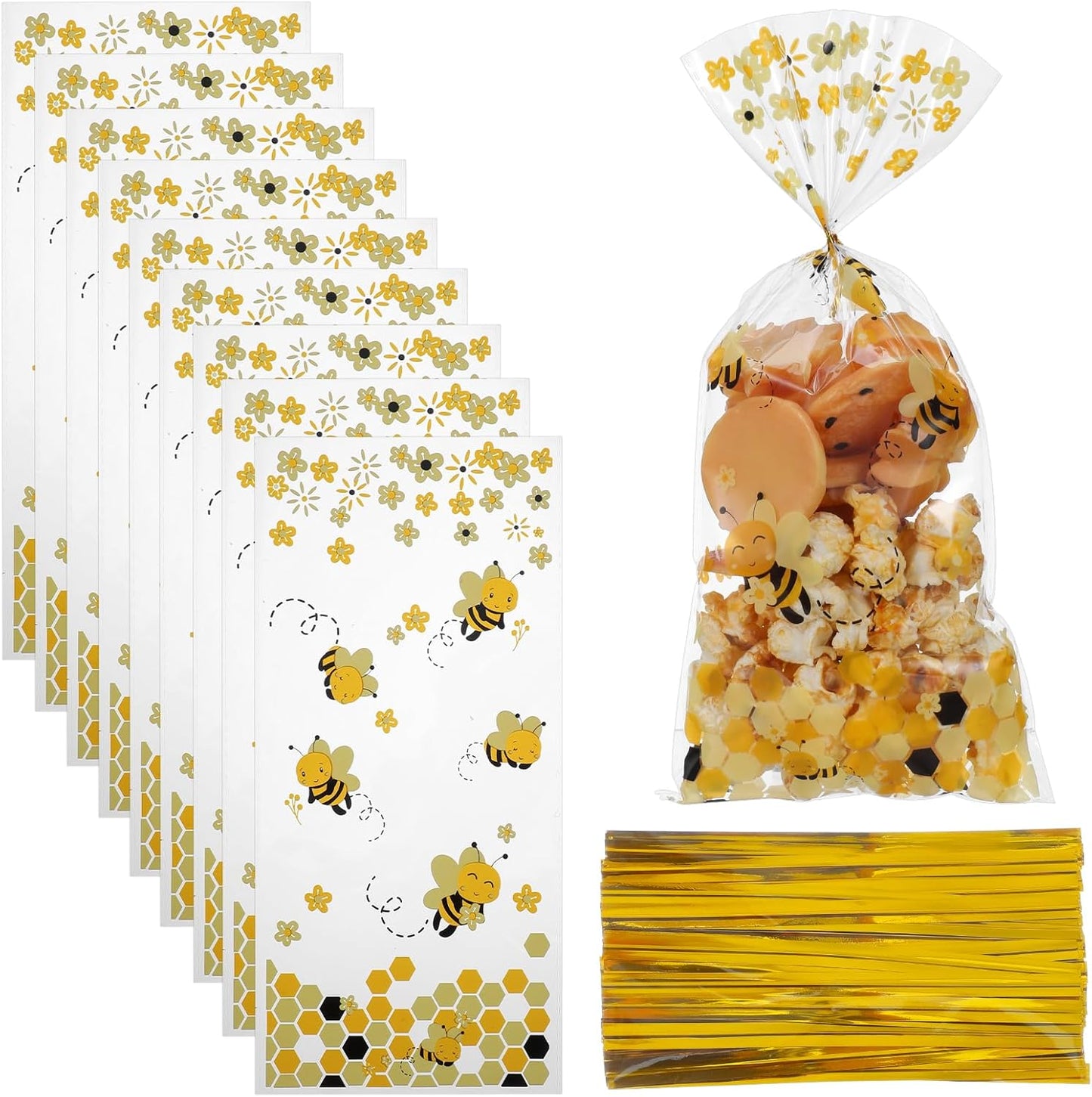 Bee Party Favors, 50Pcs Clear Plastic Bee Gift Bags with Handles,Bees Birthday Bees Goodie Bags Yellow Gift Bag for Baby Shower, Birthday Party, Wedding