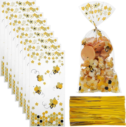 Bee Party Favors, 50Pcs Clear Plastic Bee Gift Bags with Handles,Bees Birthday Bees Goodie Bags Yellow Gift Bag for Baby Shower, Birthday Party, Wedding
