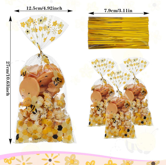 Bee Party Favors, 50Pcs Clear Plastic Bee Gift Bags with Handles,Bees Birthday Bees Goodie Bags Yellow Gift Bag for Baby Shower, Birthday Party, Wedding