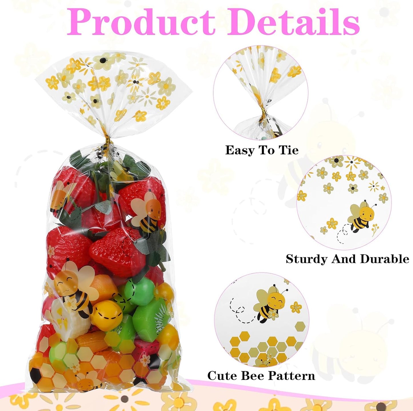 Bee Party Favors, 50Pcs Clear Plastic Bee Gift Bags with Handles,Bees Birthday Bees Goodie Bags Yellow Gift Bag for Baby Shower, Birthday Party, Wedding