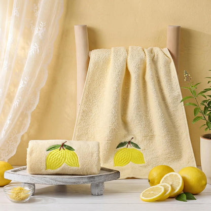 2 Pcs Lemon Hand Towels Lemon Yellow Bathroom Decor 14x29 Inch Embroidered 100% Cotton Soft Absorbent Spring Summer Decorative Hand Towels for Bathroom Kitchen