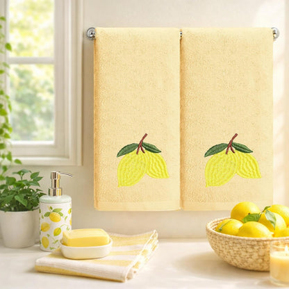 2 Pcs Lemon Hand Towels Lemon Yellow Bathroom Decor 14x29 Inch Embroidered 100% Cotton Soft Absorbent Spring Summer Decorative Hand Towels for Bathroom Kitchen