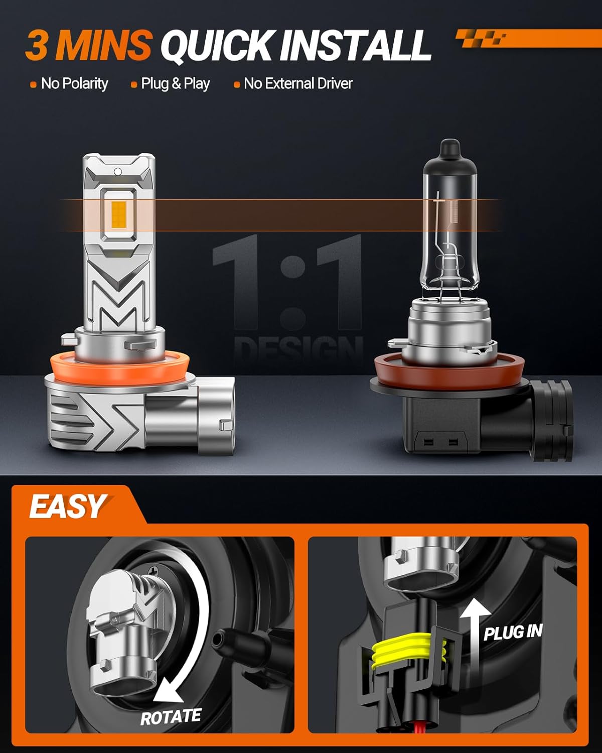 H16 H11 H8 LED Fog Light Bulb Yellow, 17000 Lumens 800% Brighter, Enhanced Visibility in Fog Rain and Snow, Amber Yellow H11 LED Fog Lights, RV Clearance Light Marker Light, 1:1 Plug and Play