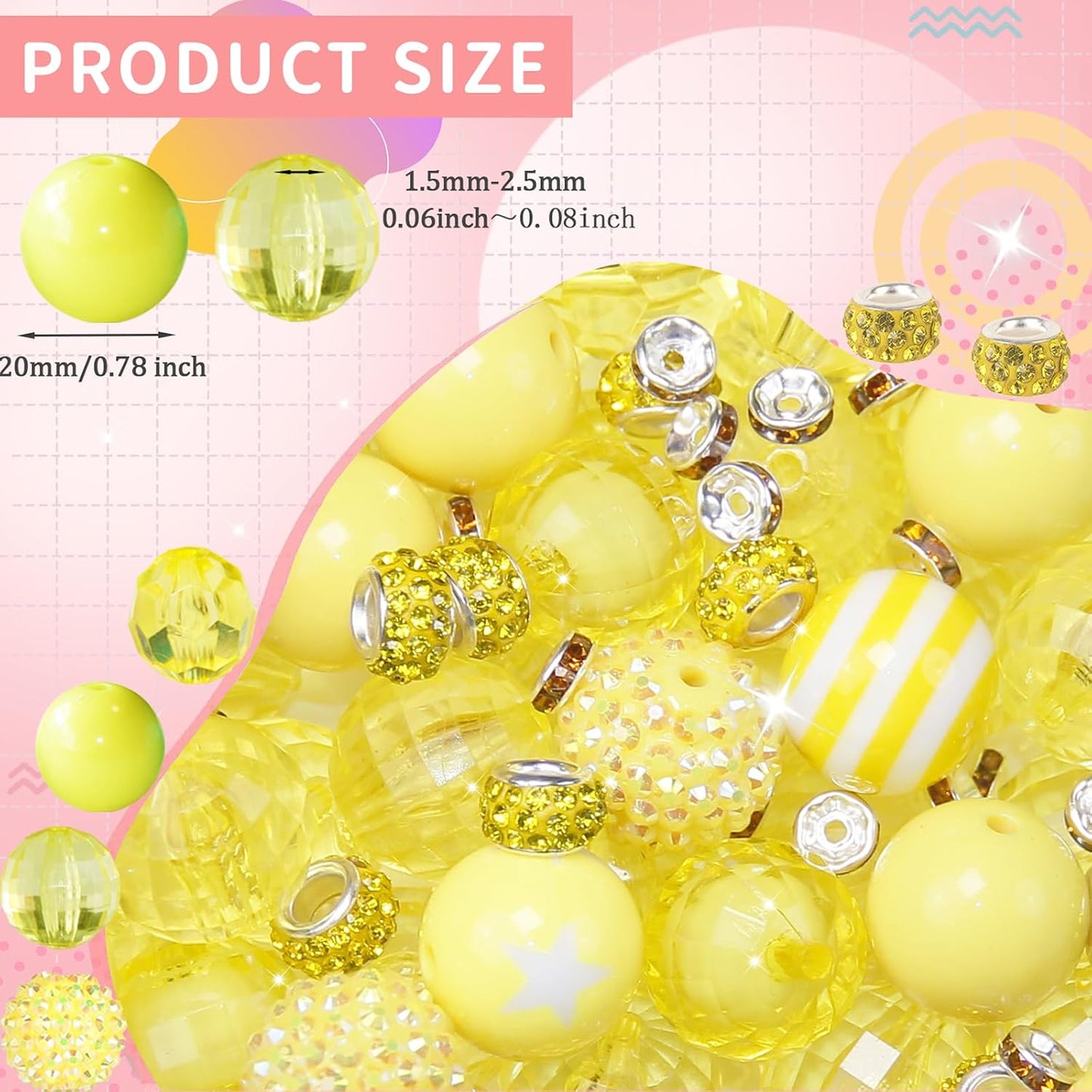 106Pcs 20mm Beads for Pens Making with Rondelle Spacer Beads Yellow Acrylic Focal Bubblegum Bead Crystal Round Sparkly Chunky Bead for Pens Beadable Keychain Necklace DIY Craft Jewelry Making Supplies
