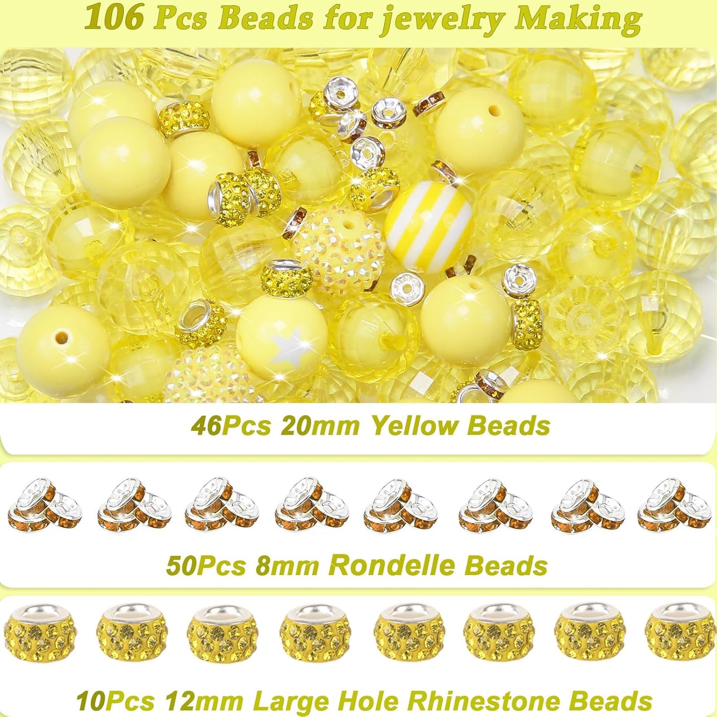 106Pcs 20mm Beads for Pens Making with Rondelle Spacer Beads Yellow Acrylic Focal Bubblegum Bead Crystal Round Sparkly Chunky Bead for Pens Beadable Keychain Necklace DIY Craft Jewelry Making Supplies