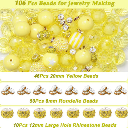 106Pcs 20mm Beads for Pens Making with Rondelle Spacer Beads Yellow Acrylic Focal Bubblegum Bead Crystal Round Sparkly Chunky Bead for Pens Beadable Keychain Necklace DIY Craft Jewelry Making Supplies