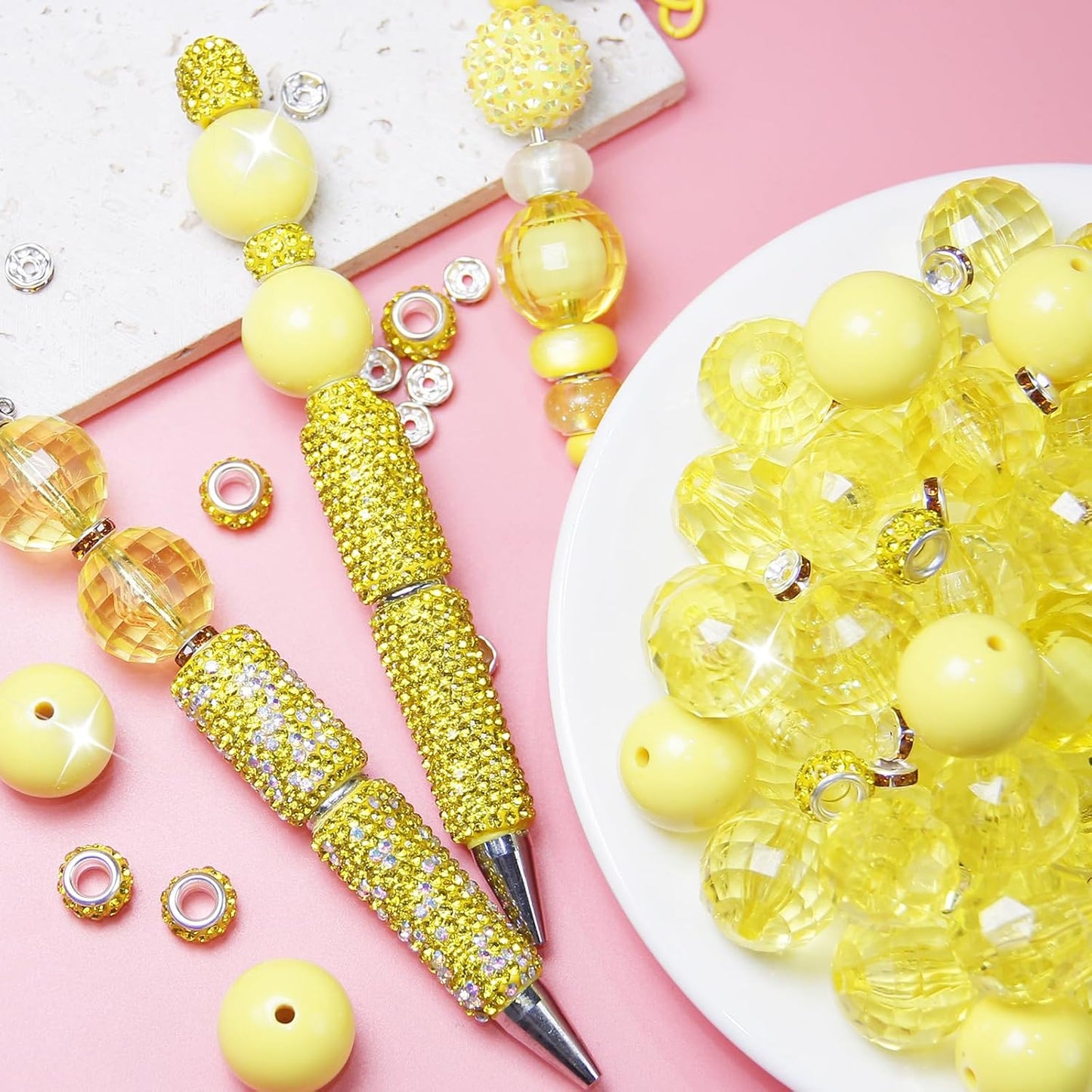 106Pcs 20mm Beads for Pens Making with Rondelle Spacer Beads Yellow Acrylic Focal Bubblegum Bead Crystal Round Sparkly Chunky Bead for Pens Beadable Keychain Necklace DIY Craft Jewelry Making Supplies
