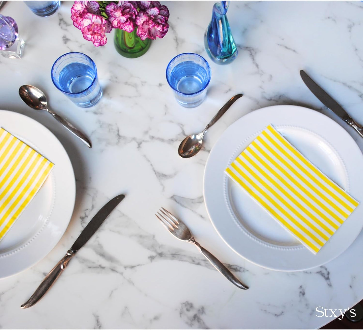 Yellow Striped Paper Napkins, Lemmon & White Summer Party, 100ct | Yellow Decorative Dinner Napkins, Disposable Hand Towels for Guest, Bathroom, First Birthday & Wedding Reception Decoration