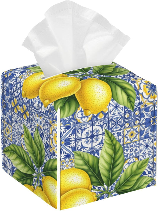 Tissue Box Holder Cover - Lemon Blue Tile Decorative Square Tissue Cube Cover - Cute PU Leather Facial Napkin Organizer for Bathroom Kitchen Car Office Bedroom Night Stands Countertop