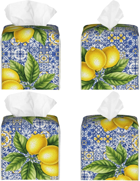 Tissue Box Holder Cover - Lemon Blue Tile Decorative Square Tissue Cube Cover - Cute PU Leather Facial Napkin Organizer for Bathroom Kitchen Car Office Bedroom Night Stands Countertop