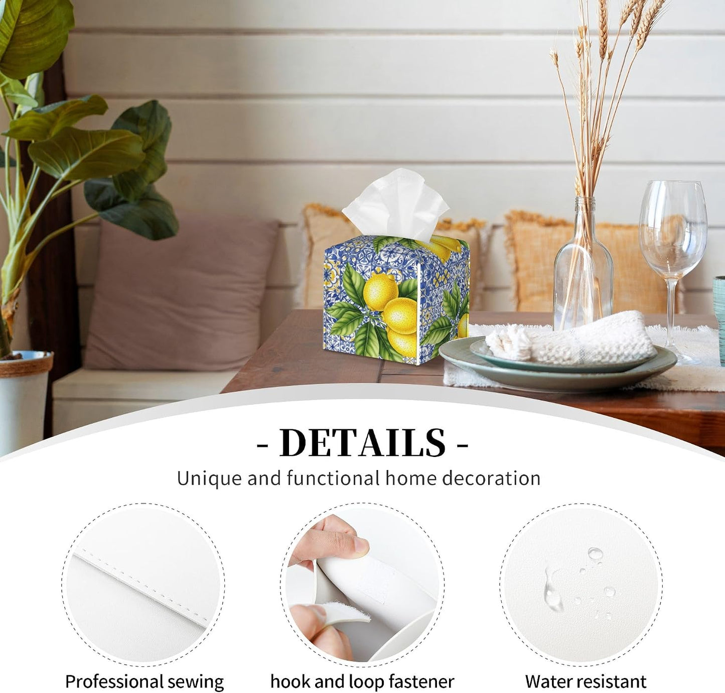 Tissue Box Holder Cover - Lemon Blue Tile Decorative Square Tissue Cube Cover - Cute PU Leather Facial Napkin Organizer for Bathroom Kitchen Car Office Bedroom Night Stands Countertop