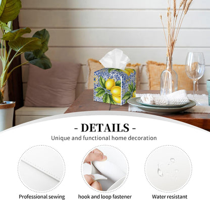 Tissue Box Holder Cover - Lemon Blue Tile Decorative Square Tissue Cube Cover - Cute PU Leather Facial Napkin Organizer for Bathroom Kitchen Car Office Bedroom Night Stands Countertop