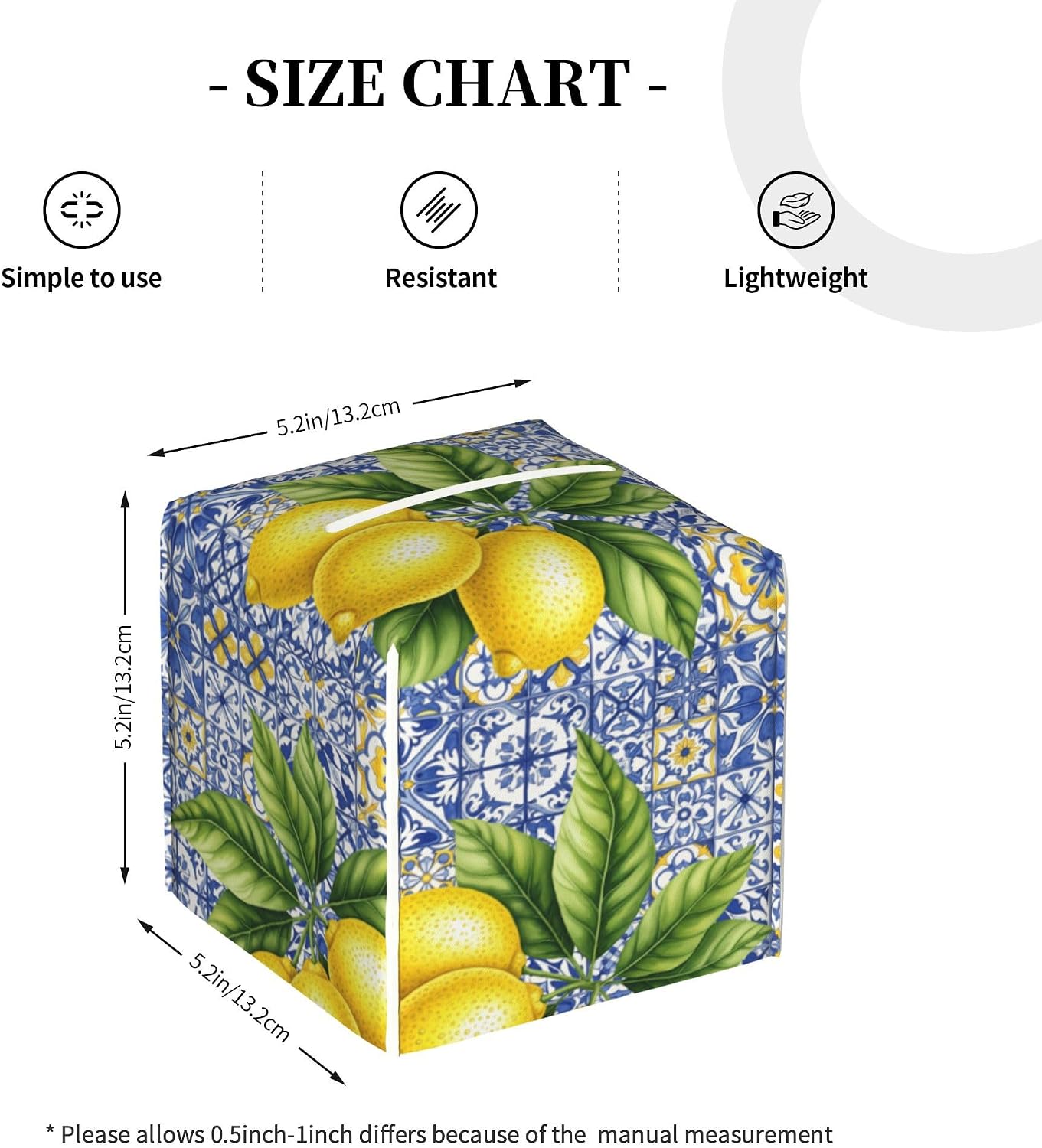 Tissue Box Holder Cover - Lemon Blue Tile Decorative Square Tissue Cube Cover - Cute PU Leather Facial Napkin Organizer for Bathroom Kitchen Car Office Bedroom Night Stands Countertop