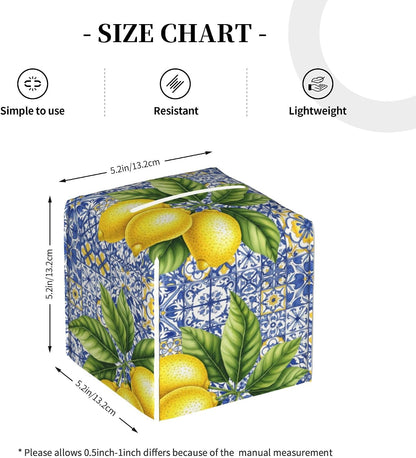 Tissue Box Holder Cover - Lemon Blue Tile Decorative Square Tissue Cube Cover - Cute PU Leather Facial Napkin Organizer for Bathroom Kitchen Car Office Bedroom Night Stands Countertop
