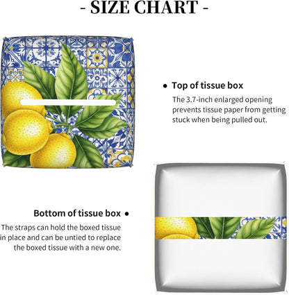 Tissue Box Holder Cover - Lemon Blue Tile Decorative Square Tissue Cube Cover - Cute PU Leather Facial Napkin Organizer for Bathroom Kitchen Car Office Bedroom Night Stands Countertop