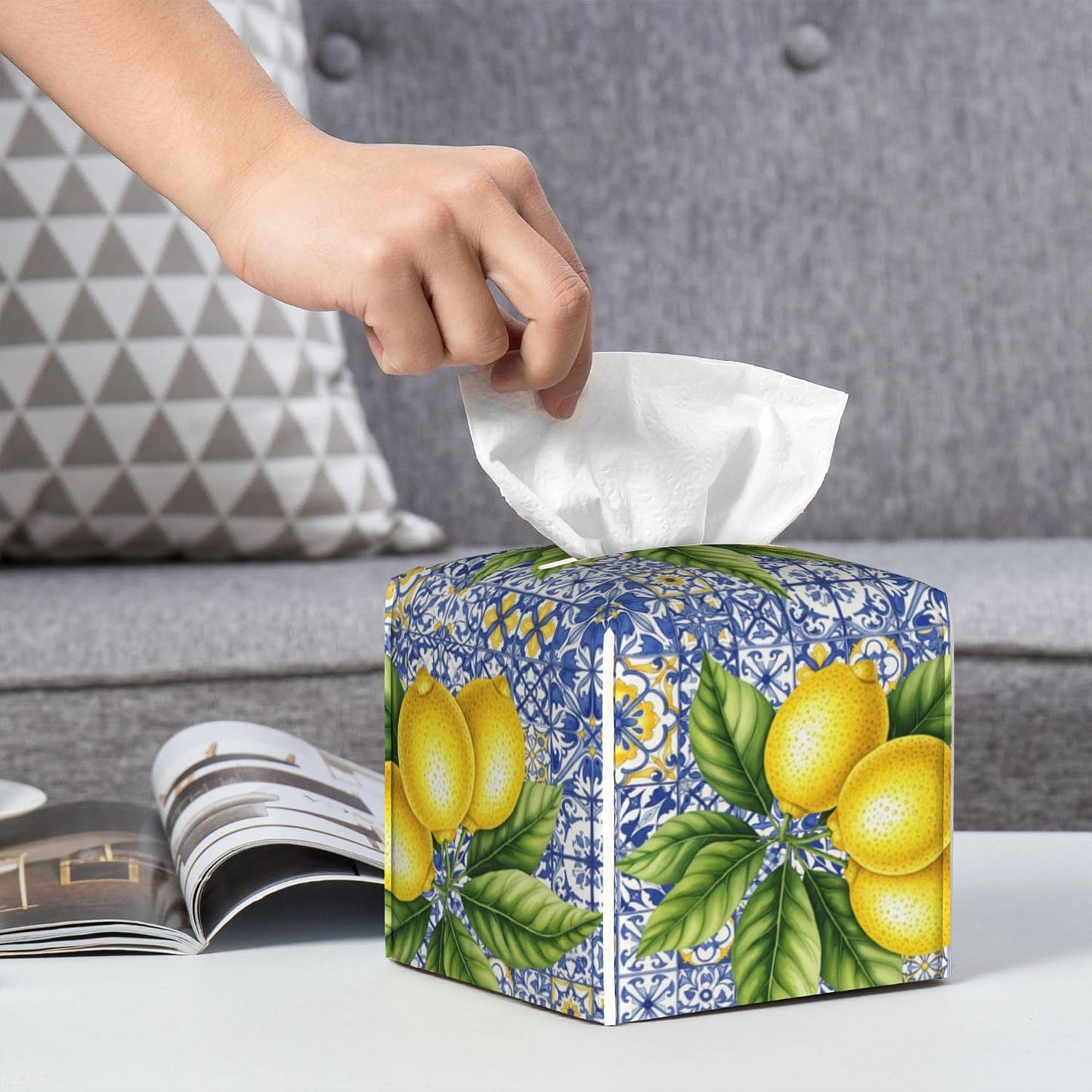 Tissue Box Holder Cover - Lemon Blue Tile Decorative Square Tissue Cube Cover - Cute PU Leather Facial Napkin Organizer for Bathroom Kitchen Car Office Bedroom Night Stands Countertop