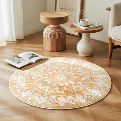 Faux Jute Round Rug 3ft – Jute-Like Pattern Design Washable Low Pile Area Rug with Non-Slip Rubber Backing, Soft Natural Look Decorative Circle Carpet for Living Room, Light Yellow