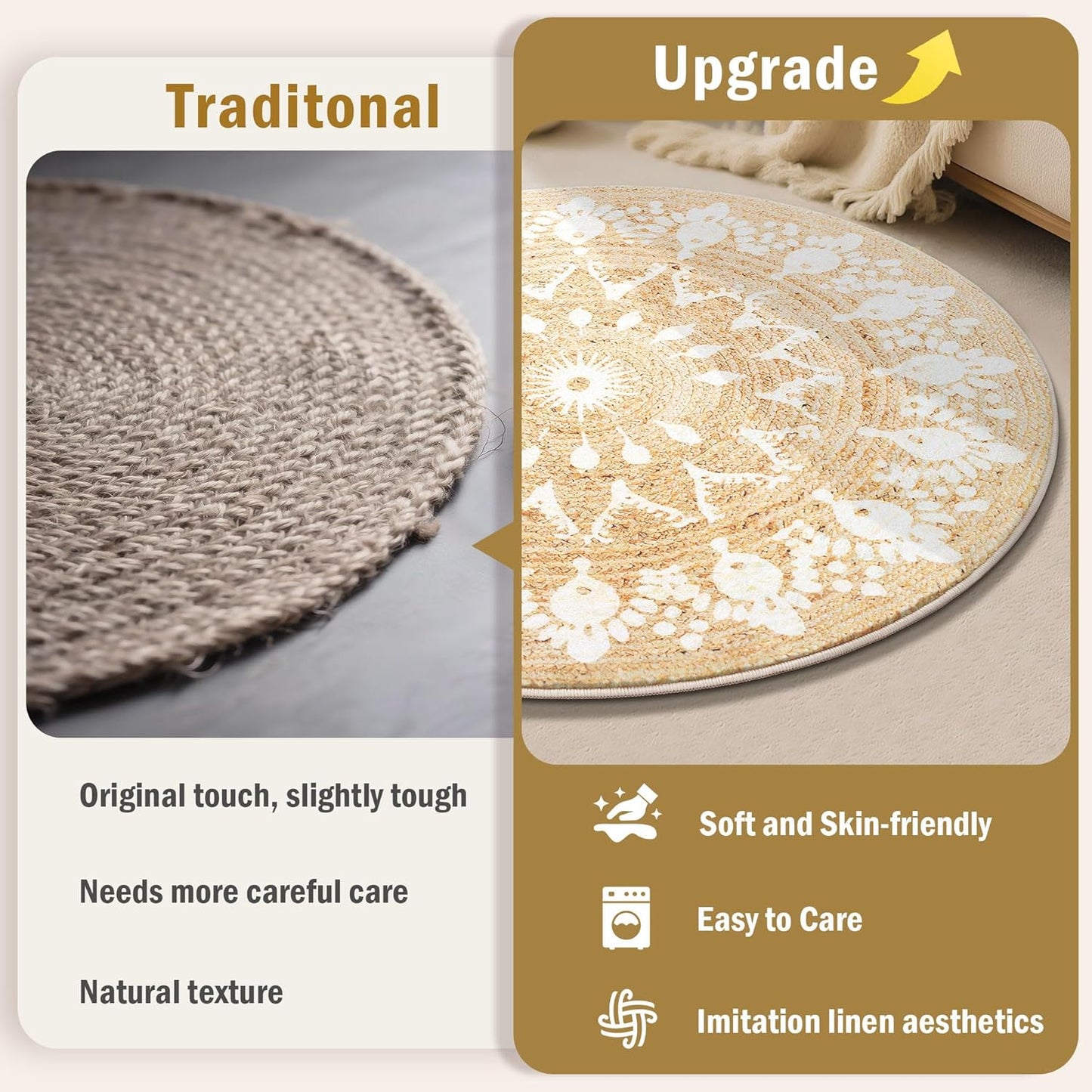 Faux Jute Round Rug 3ft – Jute-Like Pattern Design Washable Low Pile Area Rug with Non-Slip Rubber Backing, Soft Natural Look Decorative Circle Carpet for Living Room, Light Yellow