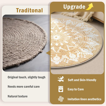 Faux Jute Round Rug 3ft – Jute-Like Pattern Design Washable Low Pile Area Rug with Non-Slip Rubber Backing, Soft Natural Look Decorative Circle Carpet for Living Room, Light Yellow