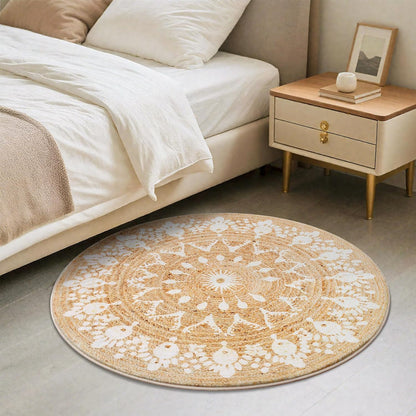Faux Jute Round Rug 3ft – Jute-Like Pattern Design Washable Low Pile Area Rug with Non-Slip Rubber Backing, Soft Natural Look Decorative Circle Carpet for Living Room, Light Yellow