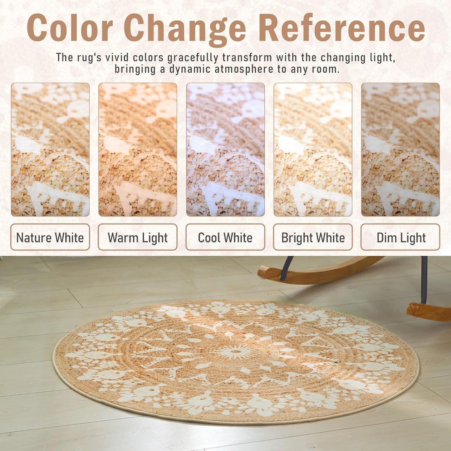Faux Jute Round Rug 3ft – Jute-Like Pattern Design Washable Low Pile Area Rug with Non-Slip Rubber Backing, Soft Natural Look Decorative Circle Carpet for Living Room, Light Yellow