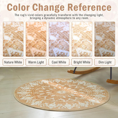 Faux Jute Round Rug 3ft – Jute-Like Pattern Design Washable Low Pile Area Rug with Non-Slip Rubber Backing, Soft Natural Look Decorative Circle Carpet for Living Room, Light Yellow