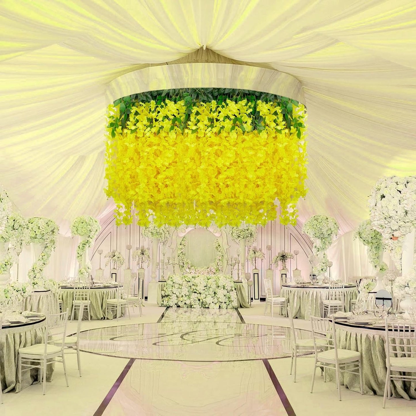24 Pack Yellow Wisteria Hanging Flowers, 3.4 Ft Fake Hanging Flowers, Artificial Wisteria Garland Vines for Wedding Room Backdrop Outdoor Patio Garden Decoration