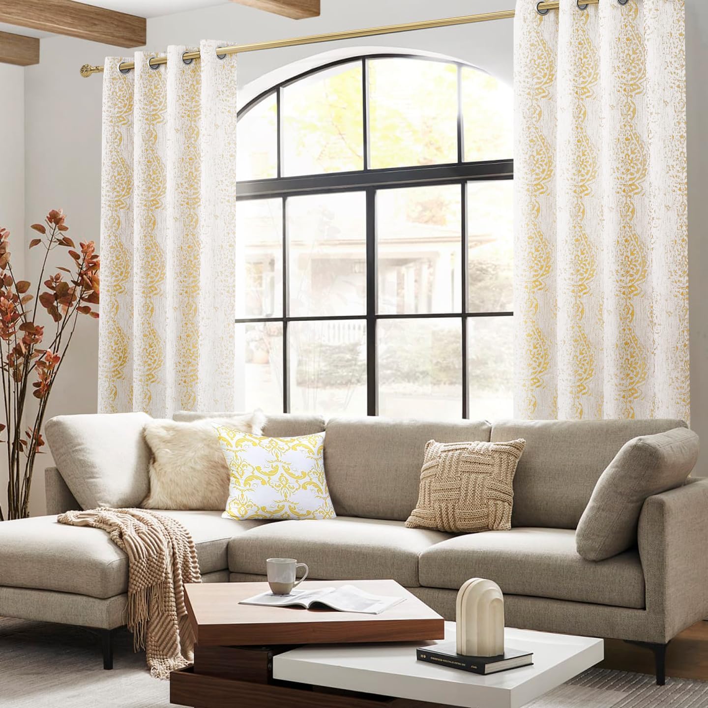 Gold Yellow Curtains 45 Inch Length Grommet Top, Kitchen 50% Blackout Short Curtain Panels for Bedroom
