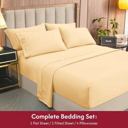 King Size Sheet Set - 6 Piece Hotel Luxury Wrinkle-Free Microfiber Sheet, Oeko-TEX Certified, Breathable & Elastic, 16" Deep Pockets, Pale Yellow