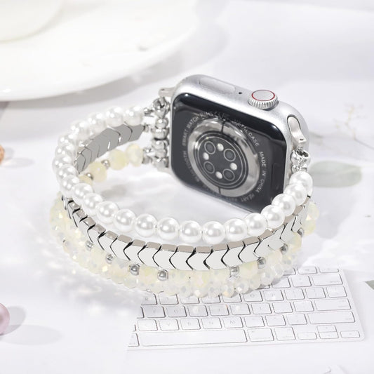 Beaded Bracelet Compatible with Apple Watch Band Series 11/10/9/8/7, Fashion Stretch Women Bands for iWatch Series SE/6/5/4/3/2/1 iPhone Watch Strap Bands 42/44/45/49/46mm (White/Yellow)