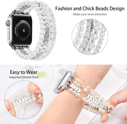 Beaded Bracelet Compatible with Apple Watch Band Series 11/10/9/8/7, Fashion Stretch Women Bands for iWatch Series SE/6/5/4/3/2/1 iPhone Watch Strap Bands 42/44/45/49/46mm (White/Yellow)