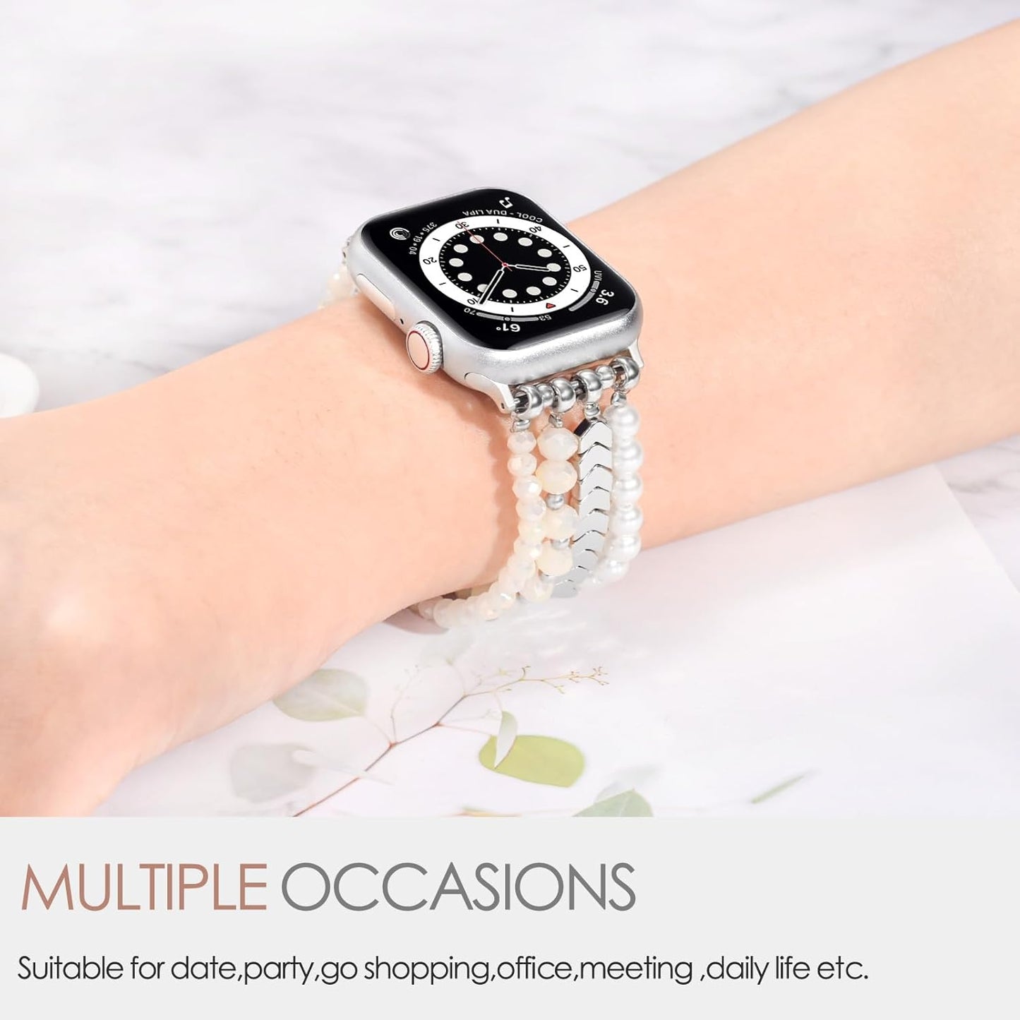 Beaded Bracelet Compatible with Apple Watch Band Series 11/10/9/8/7, Fashion Stretch Women Bands for iWatch Series SE/6/5/4/3/2/1 iPhone Watch Strap Bands 42/44/45/49/46mm (White/Yellow)