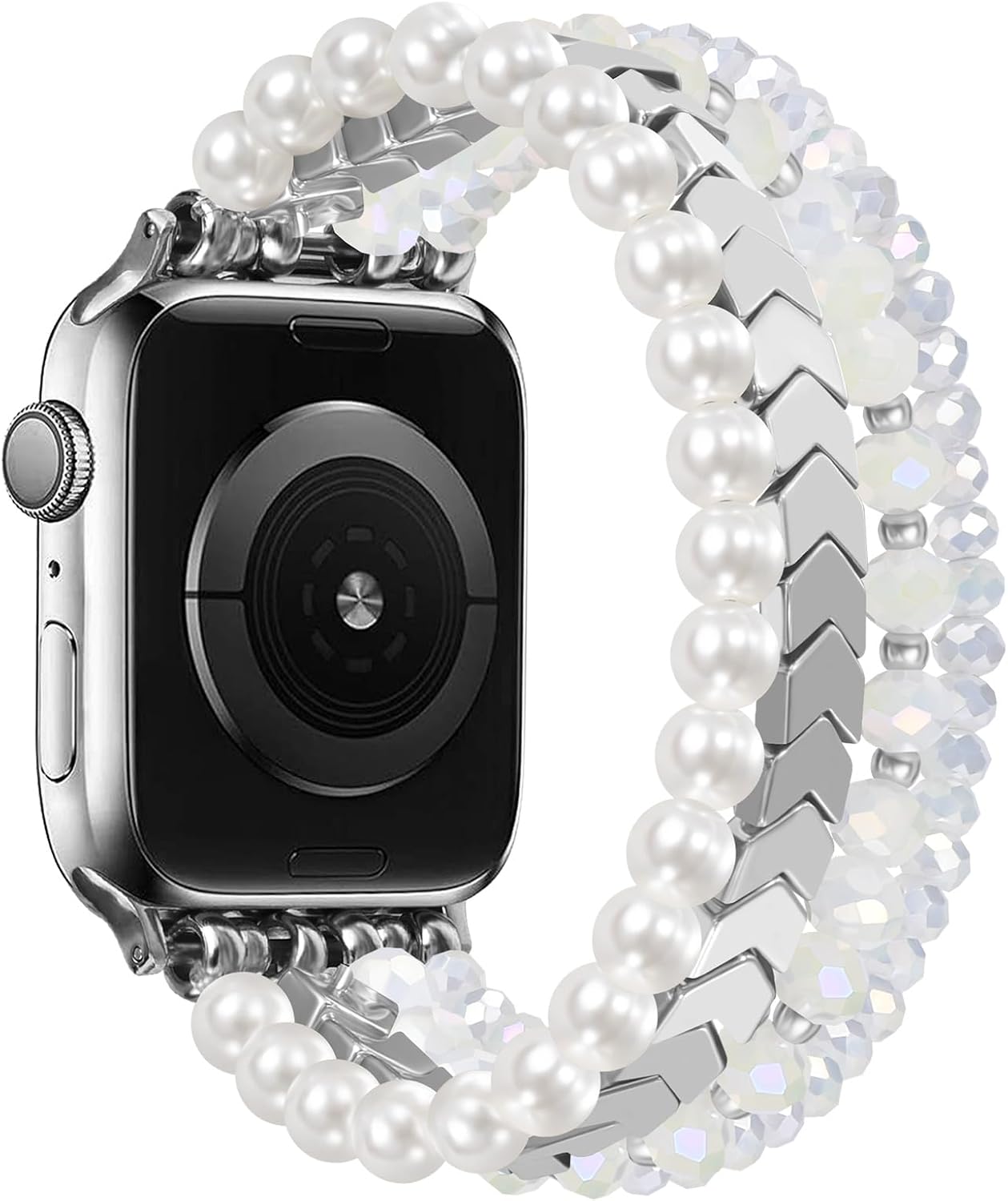 Beaded Bracelet Compatible with Apple Watch Band Series 11/10/9/8/7, Fashion Stretch Women Bands for iWatch Series SE/6/5/4/3/2/1 iPhone Watch Strap Bands 42/44/45/49/46mm (White/Yellow)