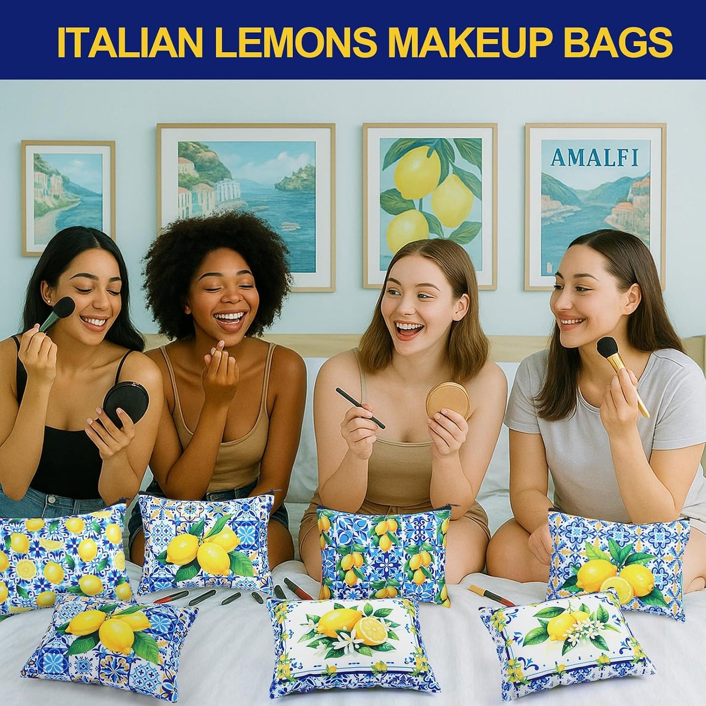 12 Pieces Italian Lemons Makeup Bags Amalfi Coast Cosmetics Bag Italy Travel Souvenir Lemon Purse Italian Gifts for Women Wedding Bridal Shower