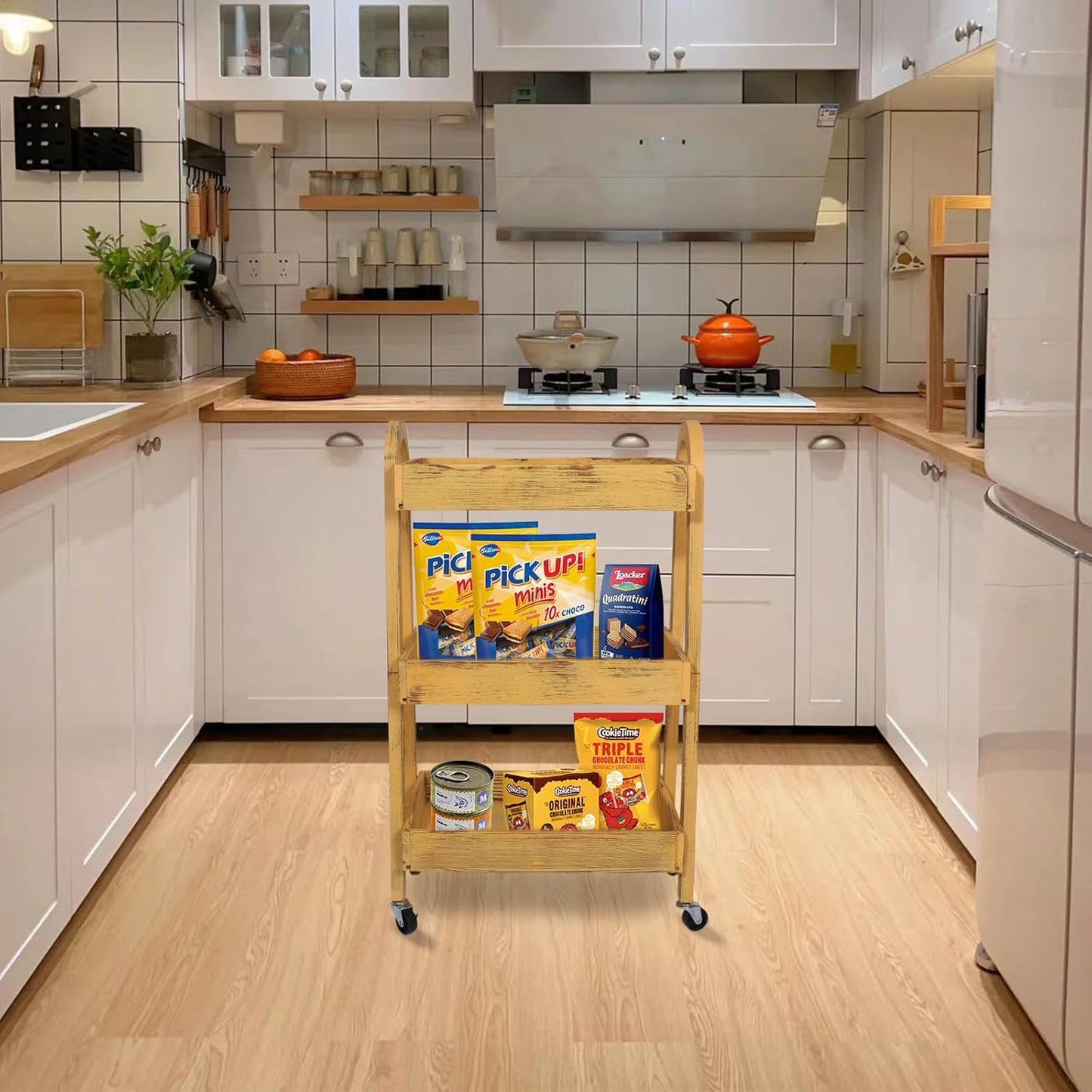 3-Tier Wooden Rolling Cart- Wooden Utility Cart wit Wheels- Utility Rolling Cart-Storage Trolley Organizer- Rolling Kitchen Serving Cart for Office,Kitchen, Kids' Room (Retro Yellow)