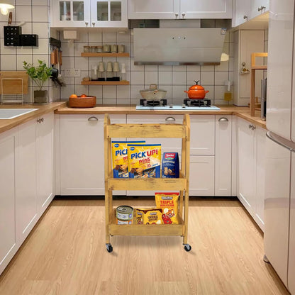 3-Tier Wooden Rolling Cart- Wooden Utility Cart wit Wheels- Utility Rolling Cart-Storage Trolley Organizer- Rolling Kitchen Serving Cart for Office,Kitchen, Kids' Room (Retro Yellow)