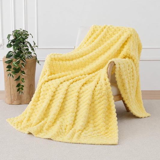 Bright Yellow Fleece Throw Blanket 50”×60” for Couch Sofa Bed | Super Soft Cozy Plush Microfiber Flannel Blanket with 3D Jacquard Lightweight for Mom Woman
