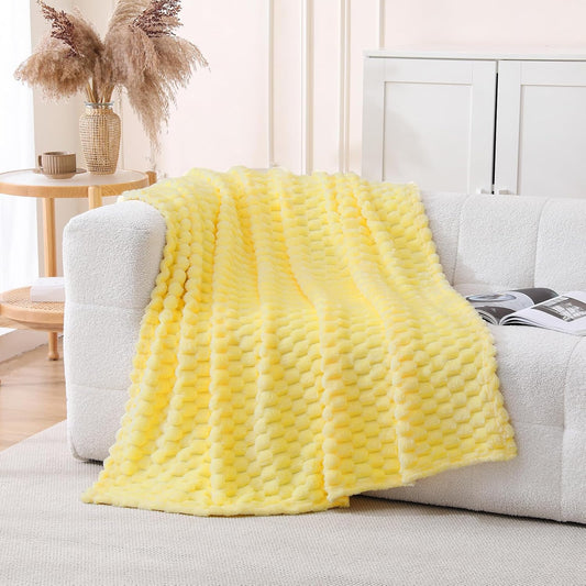 Bright Yellow Fleece Throw Blanket 50”×60” for Couch Sofa Bed | Super Soft Cozy Plush Microfiber Flannel Blanket with 3D Jacquard Lightweight for Mom Woman