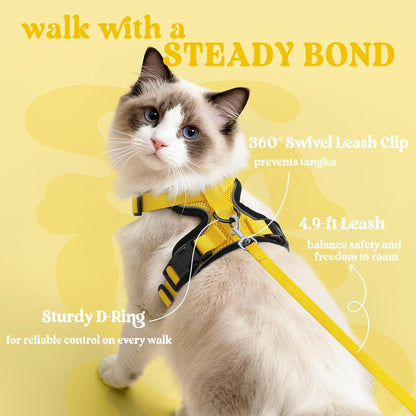 Cat Harness and Leash Set, Escape Proof Vest, Yellow | Soft Breathable Mesh, Easy Adjustable Fit, Snap Buckles, Sturdy Clip, Reflective Strips, for Small & Average Cats Walks, Xs