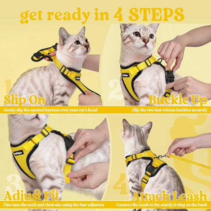 Cat Harness and Leash Set, Escape Proof Vest, Yellow | Soft Breathable Mesh, Easy Adjustable Fit, Snap Buckles, Sturdy Clip, Reflective Strips, for Small & Average Cats Walks, Xs