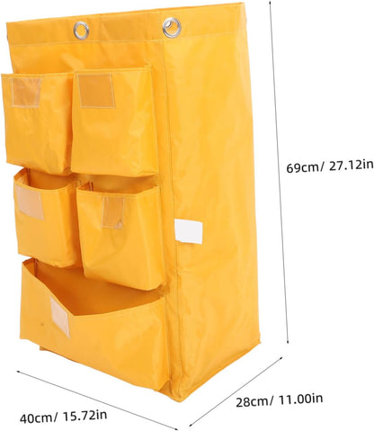 Waterproof Cleaning Cart Bag with 5 Pockets, Heavy-Duty Canvas Janitorial Trolley Bag for Housekeeping, Cleaning Supply Storage and Trash Collection, Yellow