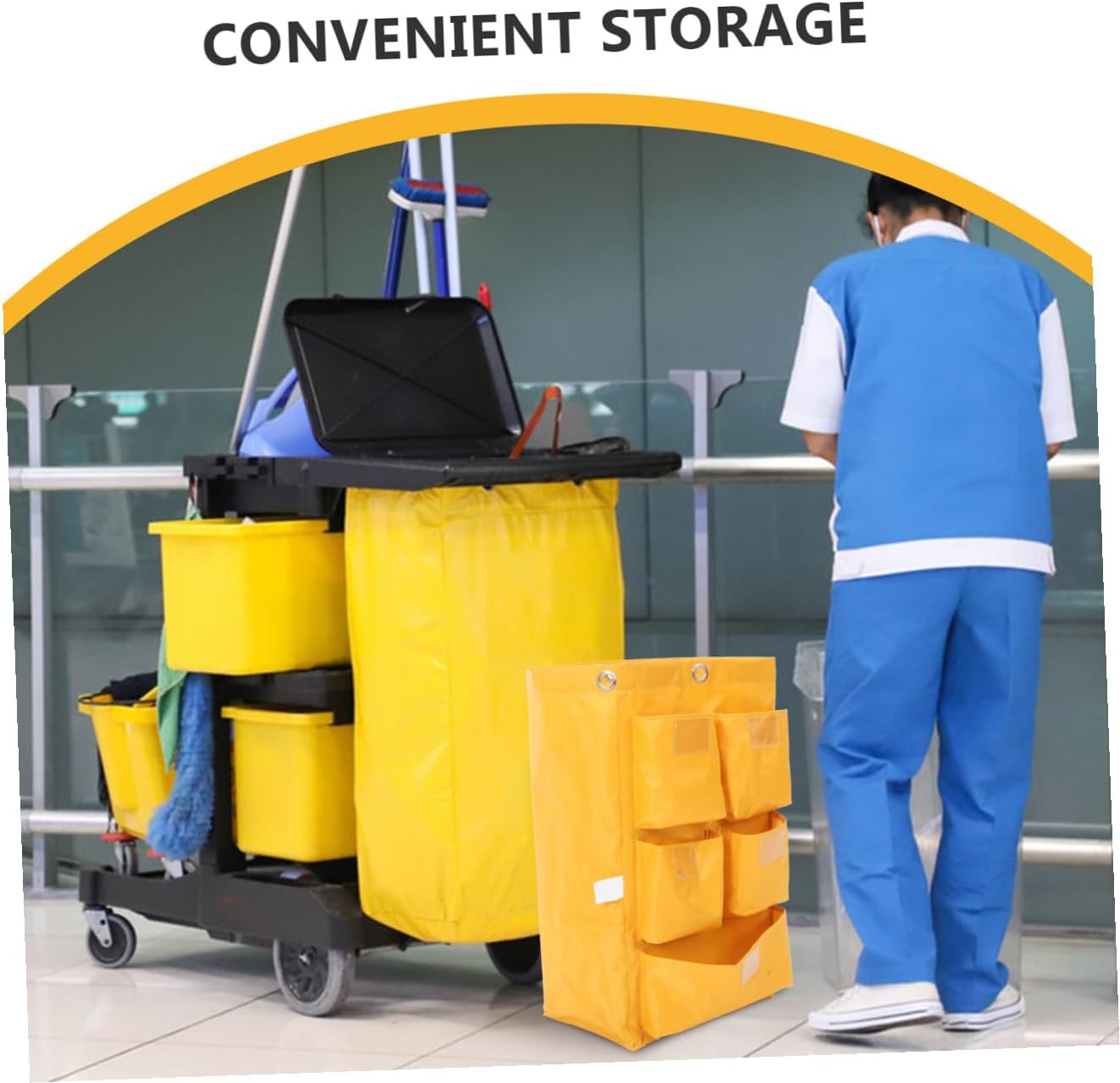 Waterproof Cleaning Cart Bag with 5 Pockets, Heavy-Duty Canvas Janitorial Trolley Bag for Housekeeping, Cleaning Supply Storage and Trash Collection, Yellow