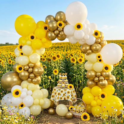 150Pcs Sunflower Balloon Arch Garland Kit with Pastel Yellow White Gold Balloons for Bee Theme Birthday Backdrop, Sunshine Balloon Arch, Bumblebee Party, Mothers Day Decoration