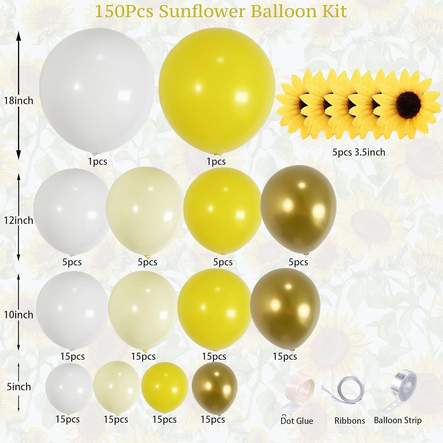 150Pcs Sunflower Balloon Arch Garland Kit with Pastel Yellow White Gold Balloons for Bee Theme Birthday Backdrop, Sunshine Balloon Arch, Bumblebee Party, Mothers Day Decoration
