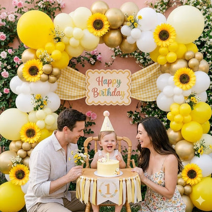 150Pcs Sunflower Balloon Arch Garland Kit with Pastel Yellow White Gold Balloons for Bee Theme Birthday Backdrop, Sunshine Balloon Arch, Bumblebee Party, Mothers Day Decoration